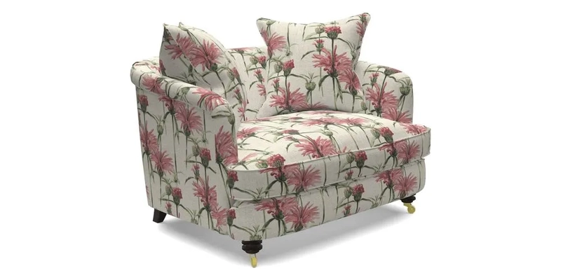 Helmsley Snuggler in V&A Threads of India Opulent Velvets Forest Creatures Hunter piping in Swiss Velvet Olive and scatter in Stockport Stripe Flame