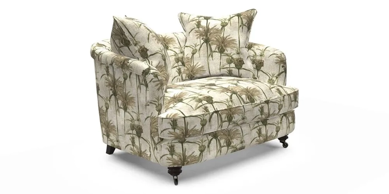 Helmsley Snuggler in V&A Threads of India Opulent Velvets Forest Creatures Hunter piping in Swiss Velvet Olive and scatter in Stockport Stripe Flame