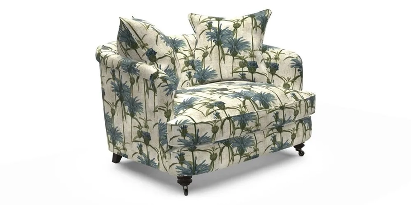 Helmsley Snuggler in V&A Threads of India Opulent Velvets Forest Creatures Hunter piping in Swiss Velvet Olive and scatter in Stockport Stripe Flame