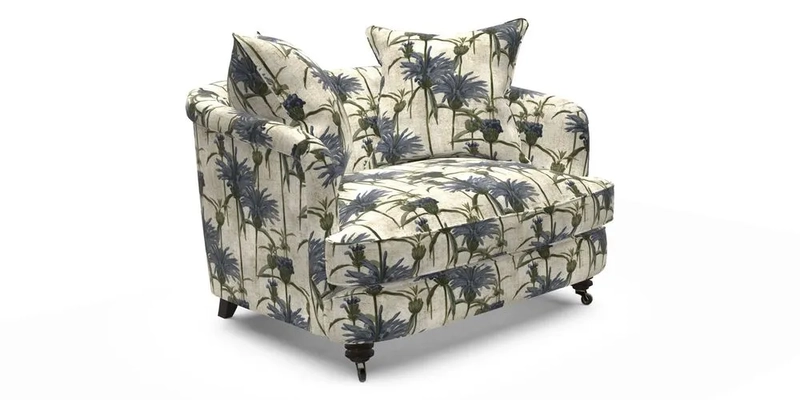 Helmsley Snuggler in V&A Threads of India Opulent Velvets Forest Creatures Hunter piping in Swiss Velvet Olive and scatter in Stockport Stripe Flame