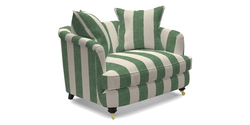 Helmsley Snuggler in V&A Threads of India Opulent Velvets Forest Creatures Hunter piping in Swiss Velvet Olive and scatter in Stockport Stripe Flame