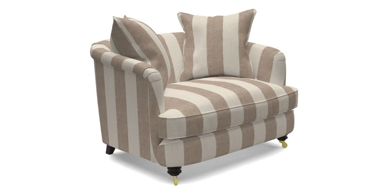 Helmsley Snuggler in V&A Threads of India Opulent Velvets Forest Creatures Hunter piping in Swiss Velvet Olive and scatter in Stockport Stripe Flame