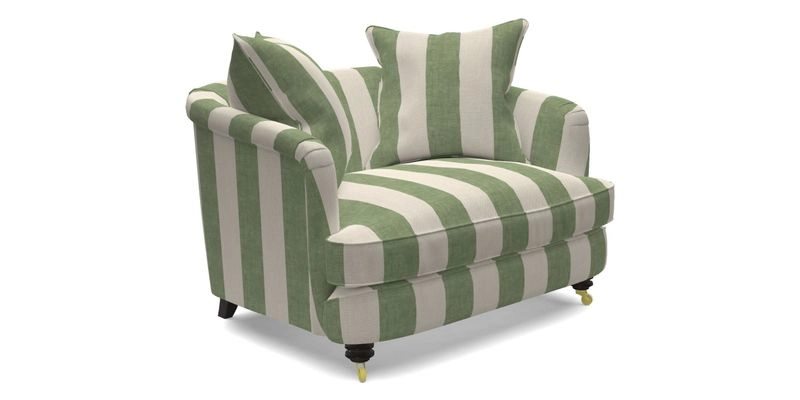 Helmsley Snuggler in V&A Threads of India Opulent Velvets Forest Creatures Hunter piping in Swiss Velvet Olive and scatter in Stockport Stripe Flame