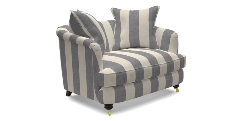 Helmsley Snuggler in V&A Threads of India Opulent Velvets Forest Creatures Hunter piping in Swiss Velvet Olive and scatter in Stockport Stripe Flame