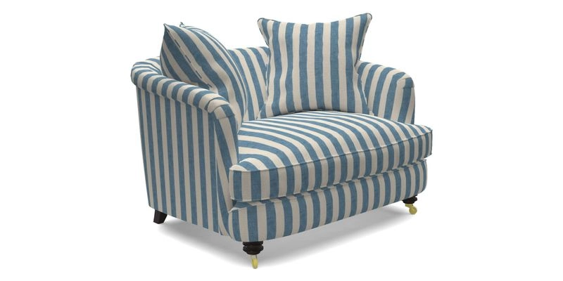 Helmsley Snuggler in V&A Threads of India Opulent Velvets Forest Creatures Hunter piping in Swiss Velvet Olive and scatter in Stockport Stripe Flame