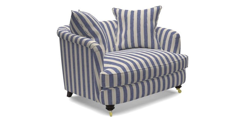 Helmsley Snuggler in V&A Threads of India Opulent Velvets Forest Creatures Hunter piping in Swiss Velvet Olive and scatter in Stockport Stripe Flame