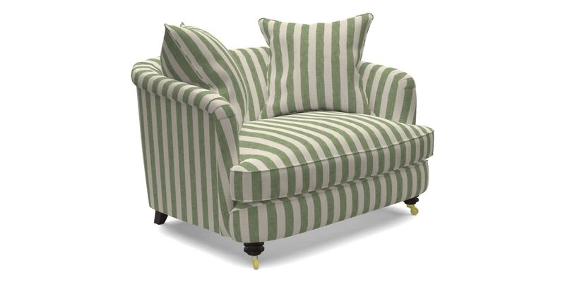 Helmsley Snuggler in V&A Threads of India Opulent Velvets Forest Creatures Hunter piping in Swiss Velvet Olive and scatter in Stockport Stripe Flame