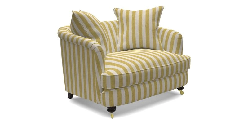 Helmsley Snuggler in V&A Threads of India Opulent Velvets Forest Creatures Hunter piping in Swiss Velvet Olive and scatter in Stockport Stripe Flame