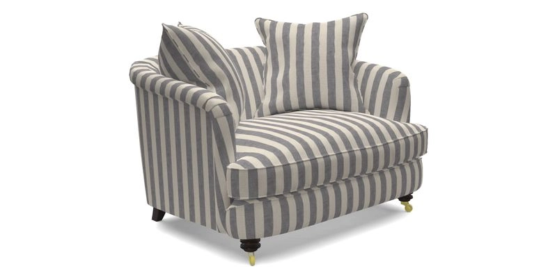 Helmsley Snuggler in V&A Threads of India Opulent Velvets Forest Creatures Hunter piping in Swiss Velvet Olive and scatter in Stockport Stripe Flame