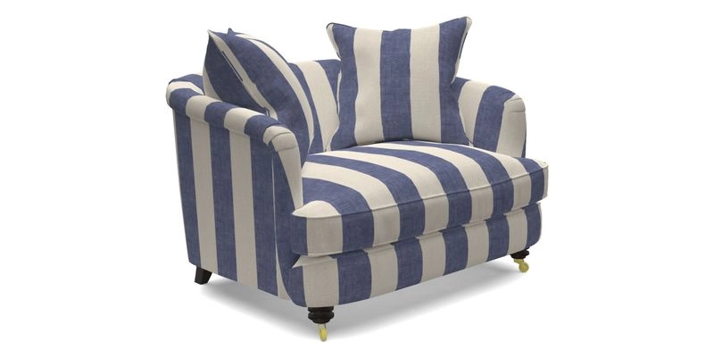 Helmsley Snuggler in V&A Threads of India Opulent Velvets Forest Creatures Hunter piping in Swiss Velvet Olive and scatter in Stockport Stripe Flame