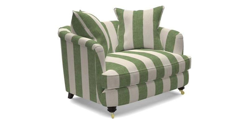 Helmsley Snuggler in V&A Threads of India Opulent Velvets Forest Creatures Hunter piping in Swiss Velvet Olive and scatter in Stockport Stripe Flame