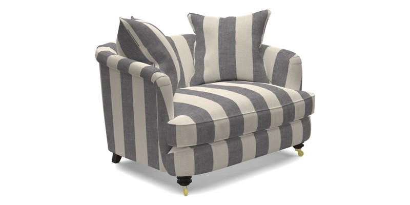 Helmsley Snuggler in V&A Threads of India Opulent Velvets Forest Creatures Hunter piping in Swiss Velvet Olive and scatter in Stockport Stripe Flame