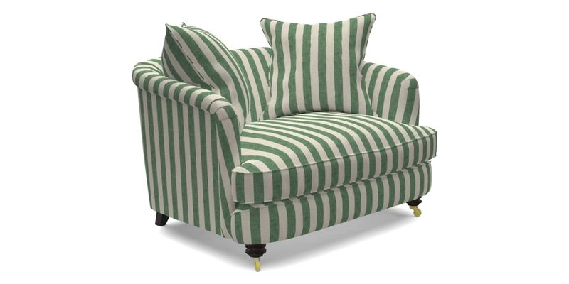 Helmsley Snuggler in V&A Threads of India Opulent Velvets Forest Creatures Hunter piping in Swiss Velvet Olive and scatter in Stockport Stripe Flame