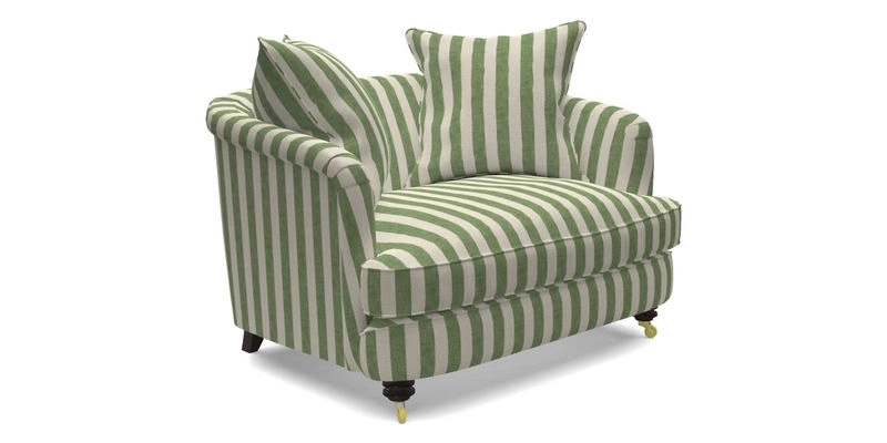 Helmsley Snuggler in V&A Threads of India Opulent Velvets Forest Creatures Hunter piping in Swiss Velvet Olive and scatter in Stockport Stripe Flame