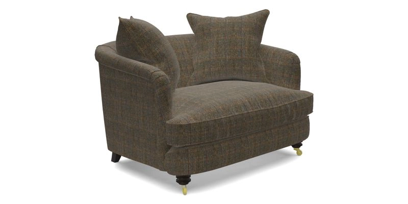 Helmsley Snuggler in V&A Threads of India Opulent Velvets Forest Creatures Hunter piping in Swiss Velvet Olive and scatter in Stockport Stripe Flame