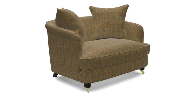 Helmsley Snuggler in V&A Threads of India Opulent Velvets Forest Creatures Hunter piping in Swiss Velvet Olive and scatter in Stockport Stripe Flame