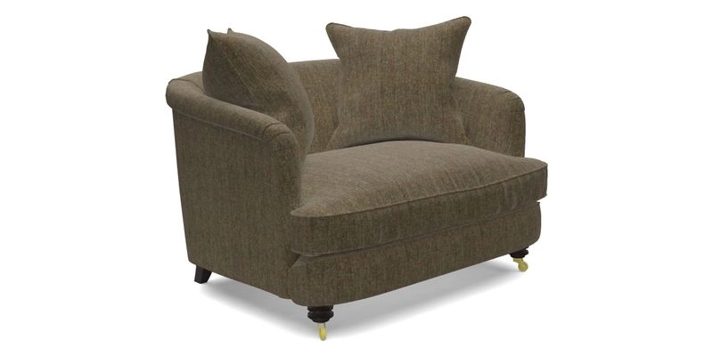 Helmsley Snuggler in V&A Threads of India Opulent Velvets Forest Creatures Hunter piping in Swiss Velvet Olive and scatter in Stockport Stripe Flame