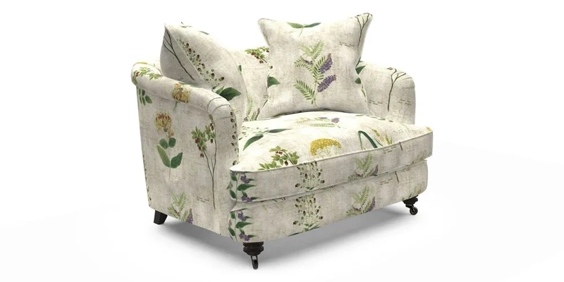 Helmsley Snuggler in V&A Threads of India Opulent Velvets Forest Creatures Hunter piping in Swiss Velvet Olive and scatter in Stockport Stripe Flame