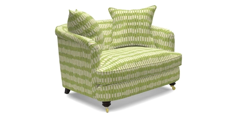 Helmsley Snuggler in V&A Threads of India Opulent Velvets Forest Creatures Hunter piping in Swiss Velvet Olive and scatter in Stockport Stripe Flame