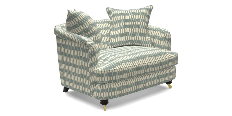 Helmsley Snuggler in V&A Threads of India Opulent Velvets Forest Creatures Hunter piping in Swiss Velvet Olive and scatter in Stockport Stripe Flame