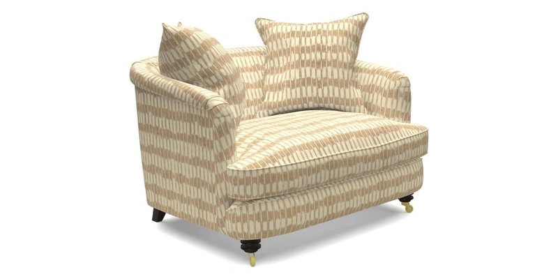 Helmsley Snuggler in V&A Threads of India Opulent Velvets Forest Creatures Hunter piping in Swiss Velvet Olive and scatter in Stockport Stripe Flame