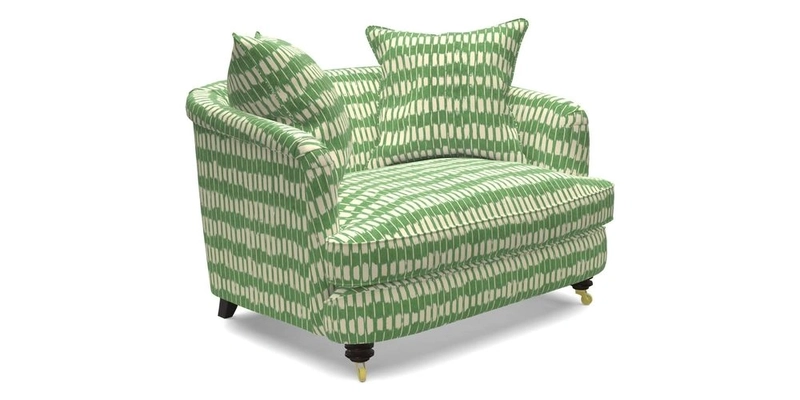 Helmsley Snuggler in V&A Threads of India Opulent Velvets Forest Creatures Hunter piping in Swiss Velvet Olive and scatter in Stockport Stripe Flame