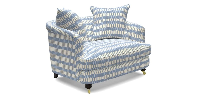 Helmsley Snuggler in V&A Threads of India Opulent Velvets Forest Creatures Hunter piping in Swiss Velvet Olive and scatter in Stockport Stripe Flame