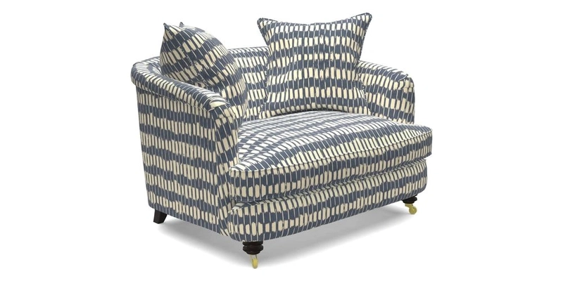 Helmsley Snuggler in V&A Threads of India Opulent Velvets Forest Creatures Hunter piping in Swiss Velvet Olive and scatter in Stockport Stripe Flame