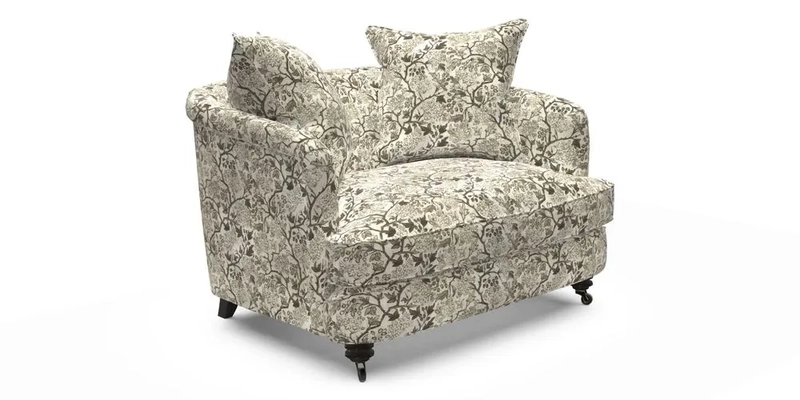 Helmsley Snuggler in V&A Threads of India Opulent Velvets Forest Creatures Hunter piping in Swiss Velvet Olive and scatter in Stockport Stripe Flame