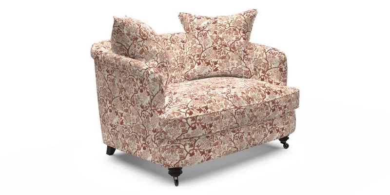 Helmsley Snuggler in V&A Threads of India Opulent Velvets Forest Creatures Hunter piping in Swiss Velvet Olive and scatter in Stockport Stripe Flame