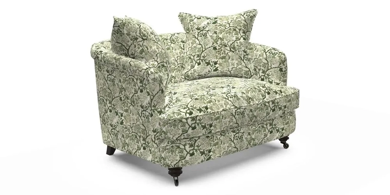 Helmsley Snuggler in V&A Threads of India Opulent Velvets Forest Creatures Hunter piping in Swiss Velvet Olive and scatter in Stockport Stripe Flame