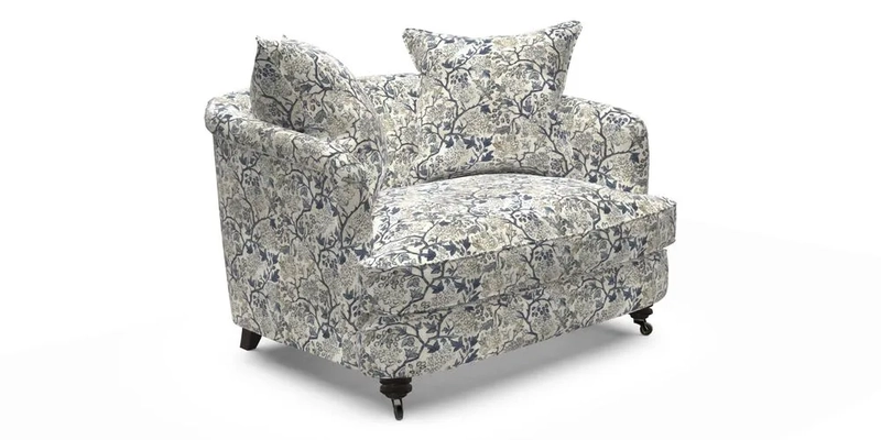 Helmsley Snuggler in V&A Threads of India Opulent Velvets Forest Creatures Hunter piping in Swiss Velvet Olive and scatter in Stockport Stripe Flame