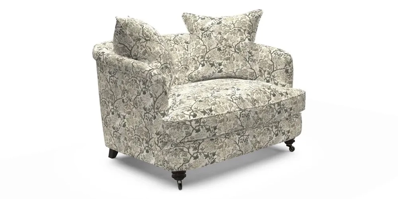 Helmsley Snuggler in V&A Threads of India Opulent Velvets Forest Creatures Hunter piping in Swiss Velvet Olive and scatter in Stockport Stripe Flame