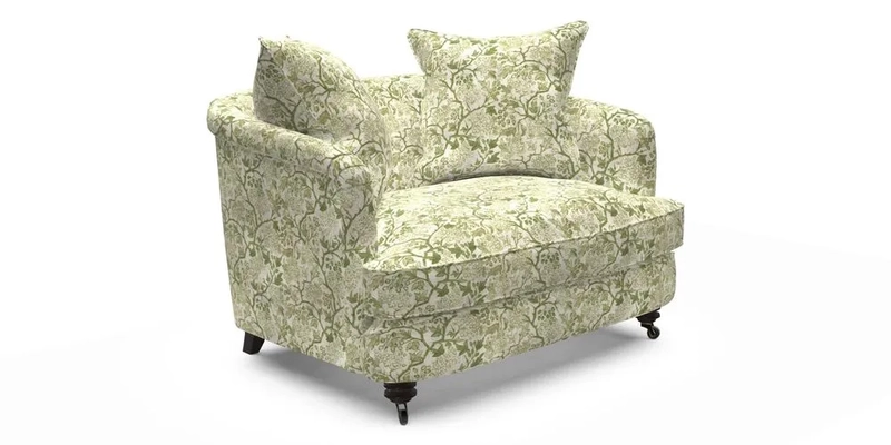 Helmsley Snuggler in V&A Threads of India Opulent Velvets Forest Creatures Hunter piping in Swiss Velvet Olive and scatter in Stockport Stripe Flame