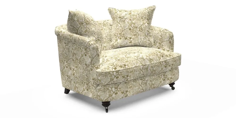 Helmsley Snuggler in V&A Threads of India Opulent Velvets Forest Creatures Hunter piping in Swiss Velvet Olive and scatter in Stockport Stripe Flame