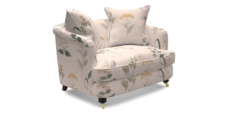 Helmsley Snuggler in V&A Threads of India Opulent Velvets Forest Creatures Hunter piping in Swiss Velvet Olive and scatter in Stockport Stripe Flame