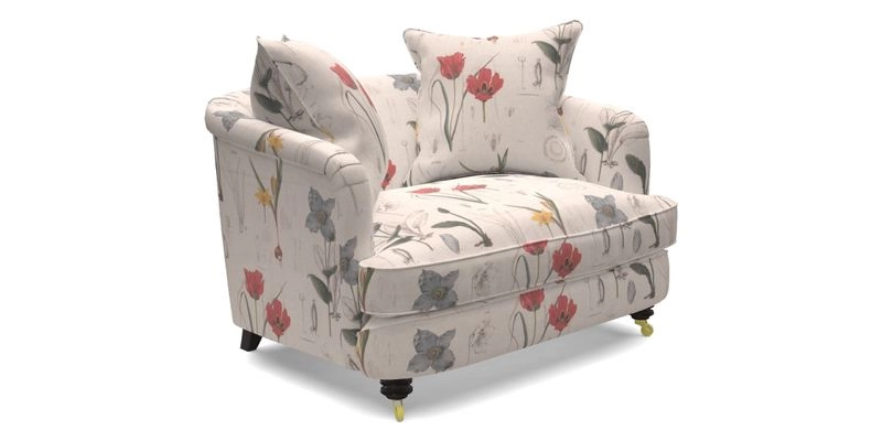 Helmsley Snuggler in V&A Threads of India Opulent Velvets Forest Creatures Hunter piping in Swiss Velvet Olive and scatter in Stockport Stripe Flame