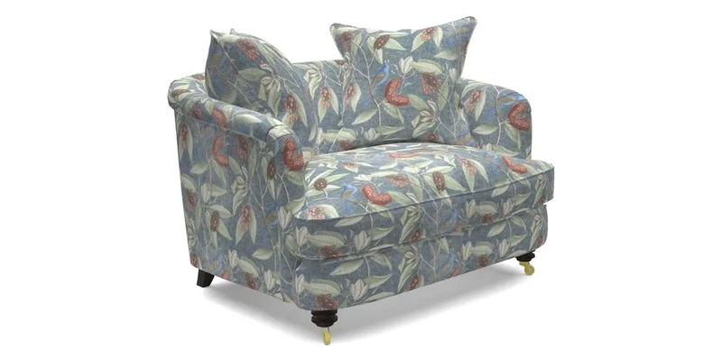 Helmsley Snuggler in V&A Threads of India Opulent Velvets Forest Creatures Hunter piping in Swiss Velvet Olive and scatter in Stockport Stripe Flame