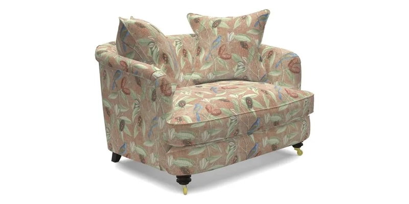 Helmsley Snuggler in V&A Threads of India Opulent Velvets Forest Creatures Hunter piping in Swiss Velvet Olive and scatter in Stockport Stripe Flame