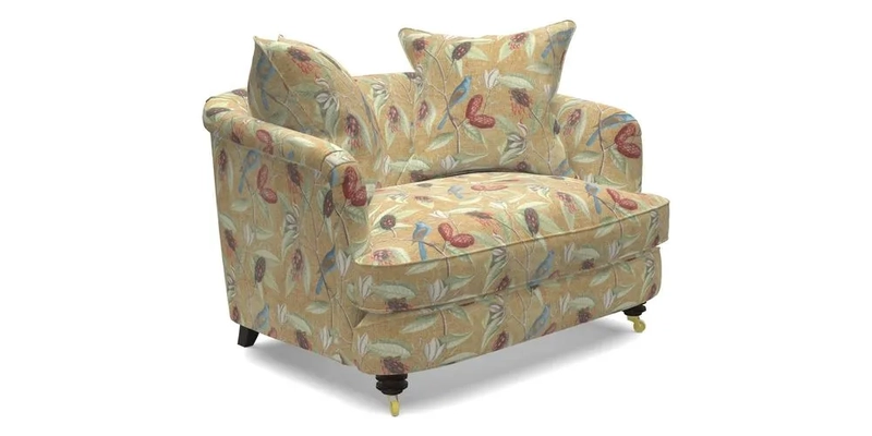 Helmsley Snuggler in V&A Threads of India Opulent Velvets Forest Creatures Hunter piping in Swiss Velvet Olive and scatter in Stockport Stripe Flame