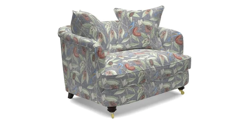 Helmsley Snuggler in V&A Threads of India Opulent Velvets Forest Creatures Hunter piping in Swiss Velvet Olive and scatter in Stockport Stripe Flame