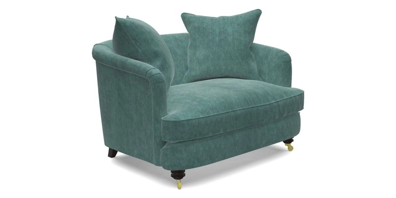 Helmsley Snuggler in V&A Threads of India Opulent Velvets Forest Creatures Hunter piping in Swiss Velvet Olive and scatter in Stockport Stripe Flame