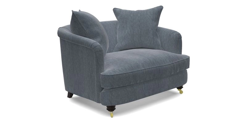 Helmsley Snuggler in V&A Threads of India Opulent Velvets Forest Creatures Hunter piping in Swiss Velvet Olive and scatter in Stockport Stripe Flame