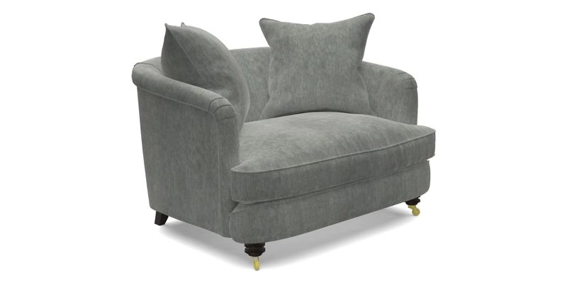 Helmsley Snuggler in V&A Threads of India Opulent Velvets Forest Creatures Hunter piping in Swiss Velvet Olive and scatter in Stockport Stripe Flame