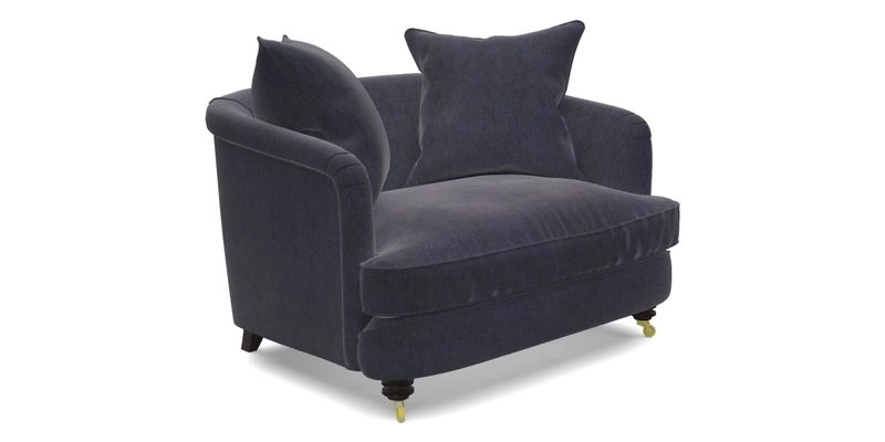 Helmsley Snuggler in V&A Threads of India Opulent Velvets Forest Creatures Hunter piping in Swiss Velvet Olive and scatter in Stockport Stripe Flame