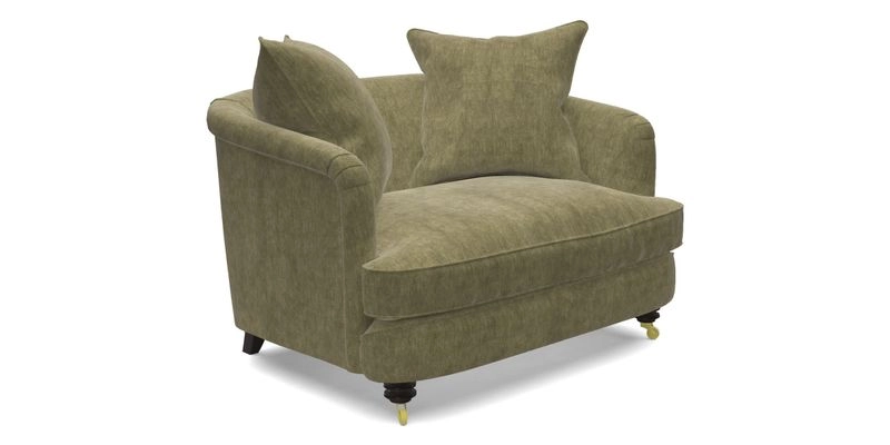 Helmsley Snuggler in V&A Threads of India Opulent Velvets Forest Creatures Hunter piping in Swiss Velvet Olive and scatter in Stockport Stripe Flame