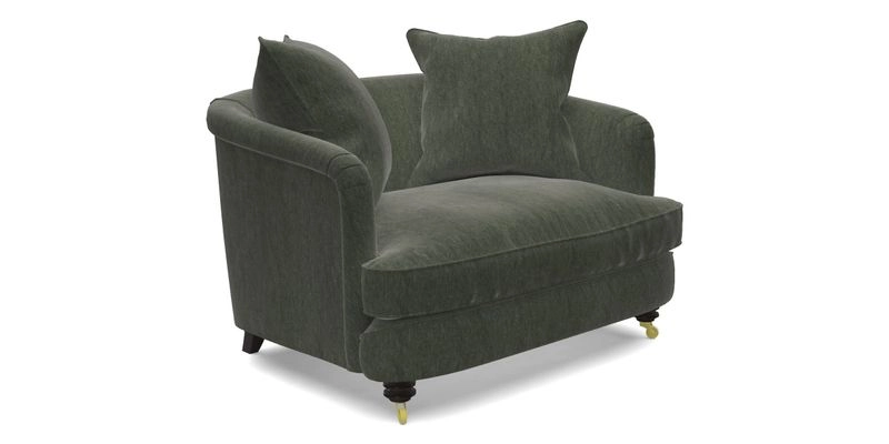 Helmsley Snuggler in V&A Threads of India Opulent Velvets Forest Creatures Hunter piping in Swiss Velvet Olive and scatter in Stockport Stripe Flame