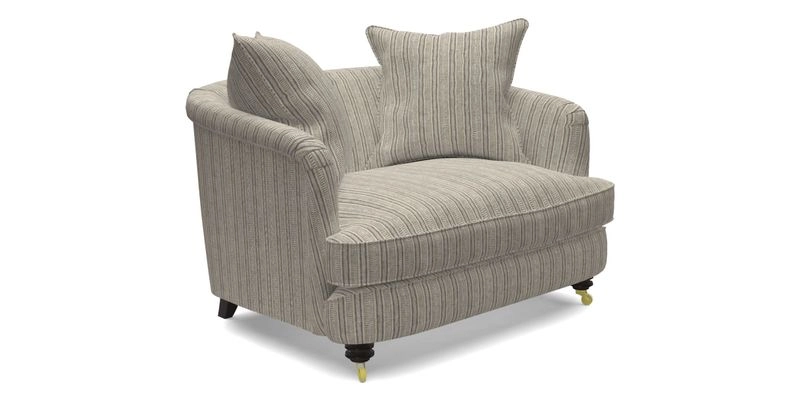 Helmsley Snuggler in V&A Threads of India Opulent Velvets Forest Creatures Hunter piping in Swiss Velvet Olive and scatter in Stockport Stripe Flame