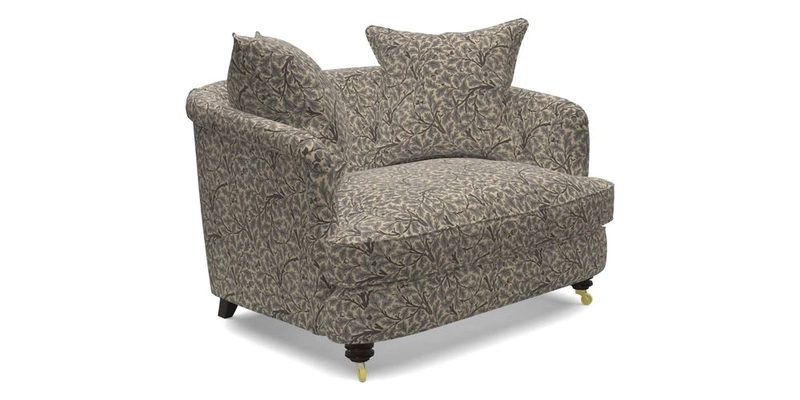 Helmsley Snuggler in V&A Threads of India Opulent Velvets Forest Creatures Hunter piping in Swiss Velvet Olive and scatter in Stockport Stripe Flame