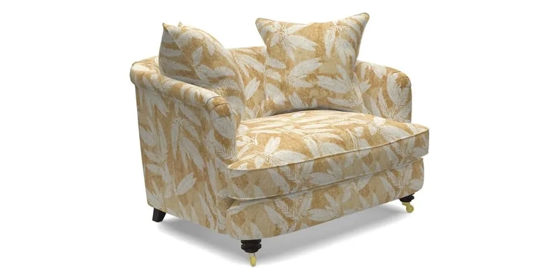 Helmsley Snuggler in V&A Threads of India Opulent Velvets Forest Creatures Hunter piping in Swiss Velvet Olive and scatter in Stockport Stripe Flame